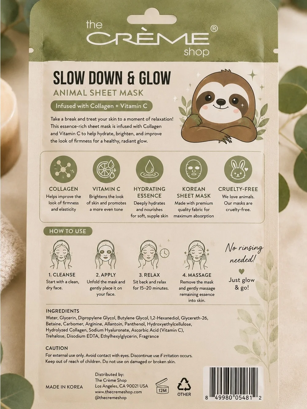 The Crème Shop Slow Down & Glow Sloth Sheet Mask | Collagen + Vitamin C